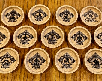 D&D Class Coasters Set of 4 - Lipped Cork Coasters - Sets and Singles | 5E | Pathfinder | RPG Classes - Gift Set
