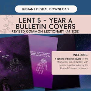 Peut inclure: Téléchargement numérique de couvertures de bulletin pour le Carême 5, Année A, avec des citations bibliques. Les couvertures présentent un schéma de couleurs violet et noir avec des illustrations et du texte. Comprend quatre options pour le cinquième dimanche de Carême (2023).