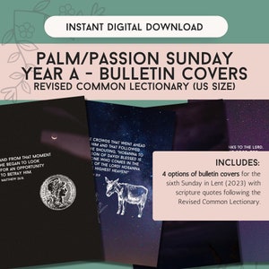 Peut inclure: Téléchargement numérique de couvertures de bulletin Palm/Passion Sunday. La conception comprend quatre options avec des citations bibliques de la Revised Common Lectionary. Les couvertures sont pour le sixième dimanche de Carême (2023).