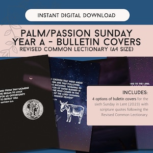 Peut inclure: Téléchargement numérique des couvertures de bulletin du dimanche des Rameaux/Passion de l'année A. Les couvertures présentent des citations bibliques de la Lectionnaire commun révisé. Comprend quatre options pour le sixième dimanche de Carême 2023.