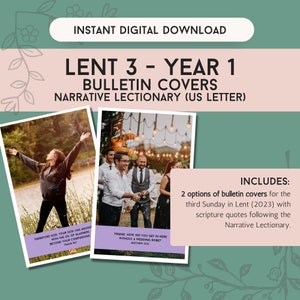Peut inclure: Téléchargement numérique de couvertures de bulletin pour le Carême 3, Année 1, avec deux options et des citations bibliques. Les couvertures présentent des images d'une personne les bras levés et d'une scène de mariage. Le texte comprend "Téléchargement numérique instantané".