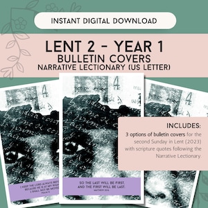 Peut inclure: Téléchargement numérique de couvertures de bulletin Lent 2 Année 1. Les couvertures présentent une image en niveaux de gris avec une écriture manuscrite et des citations bibliques. Comprend trois options pour le deuxième dimanche de Carême.