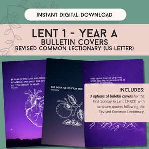 Peut inclure: Téléchargement numérique de trois couvertures de bulletin pour le Carême 1, Année A, avec des citations bibliques. Les couvertures présentent un cœur, une illustration de fruit et un paysage de montagne, le tout sur un fond dégradé violet et bleu foncé. Inclut le texte "Téléchargement numérique instantané".