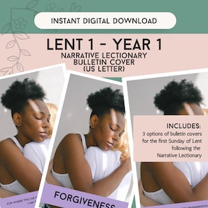 Peut inclure: Téléchargement numérique de couverture de bulletin pour le Carême 1, Année 1, avec le texte "Téléchargement numérique instantané" et "Couverture de bulletin du lectionnaire narratif (US Letter)". L'image comprend une photo de deux personnes s'embrassant.