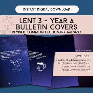 Peut inclure: Téléchargement numérique de couvertures de bulletin pour le Carême 3, Année A, avec des citations bibliques. Les couvertures ont un fond bleu foncé avec des illustrations et du texte blancs. Comprend quatre options pour le troisième dimanche de Carême (2023).