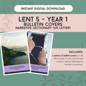 Peut inclure: Téléchargement numérique de couvertures de bulletin pour le Carême 5, Année 1. La conception comprend deux options avec des citations bibliques. Une couverture présente un paysage avec des montagnes et de l'eau, l'autre montre des mains derrière des barreaux. Le texte comprend "Téléchargement numérique instantané".
