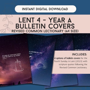 Peut inclure: Téléchargement numérique des couvertures de bulletin Lent 4 - Année A. Les couvertures présentent des arrière-plans célestes avec des citations bibliques. Comprend quatre options pour le quatrième dimanche de Carême (2023).