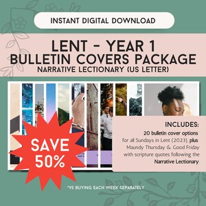 Peut inclure: Téléchargement numérique d'un ensemble de couvertures de bulletin pour le Carême - Année 1, avec diverses images. Comprend 20 options de couverture pour les dimanches de Carême (2023), plus des citations du Jeudi Saint et du Vendredi Saint. Économisez 50 %.