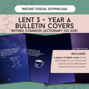 Peut inclure: Téléchargement numérique de couvertures de bulletin Carême 3 - Année A. Les couvertures présentent des citations bibliques et des illustrations sur un fond bleu foncé étoilé. Comprend quatre options pour le troisième dimanche de Carême (2023).