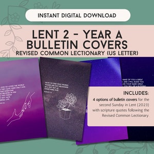 Peut inclure: Téléchargement numérique de quatre couvertures de bulletin pour le Carême 2, Année A, avec des citations bibliques. Les couvertures présentent un fond violet et sombre avec du texte et des illustrations blancs. Comprend le texte "Téléchargement numérique instantané".