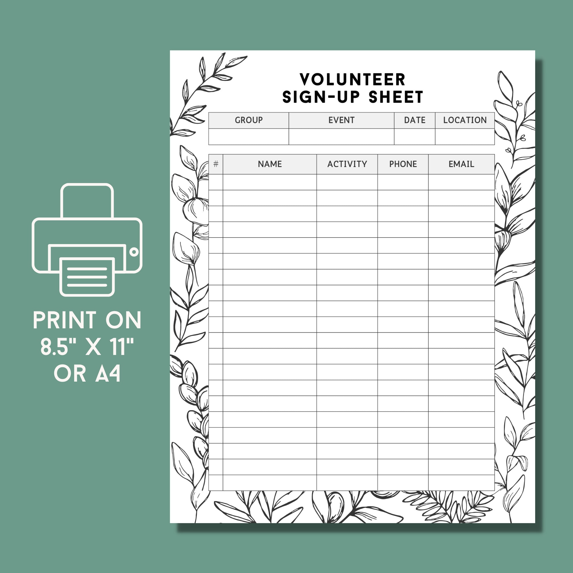 Printable Volunteer Sign up Form, Church Volunteer Form, School