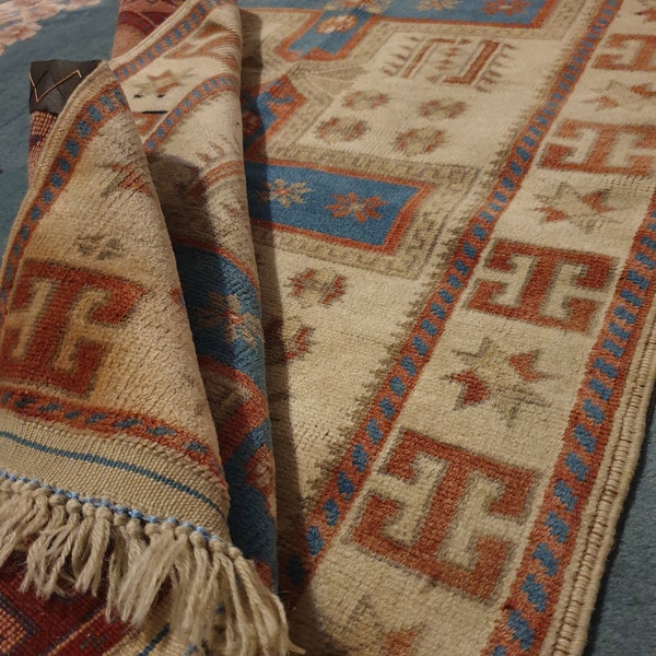 Tapis caucasien ancien noué à la main 121 × 77 cm, tapis « Kazak » traditionnel fait main vintage, ancien tapis oriental en pure laine, tapis oriental asiatique