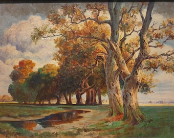 Pintura al óleo vintage de paisaje otoñal / Escena fluvial de mediados de siglo enmarcada
