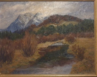 Ancienne peinture à l'huile signée sur toile Paysage de montagne 58 × 73 cm vintage faite main ancienne peinture chambre à coucher sol couloir couloir bureau art déco