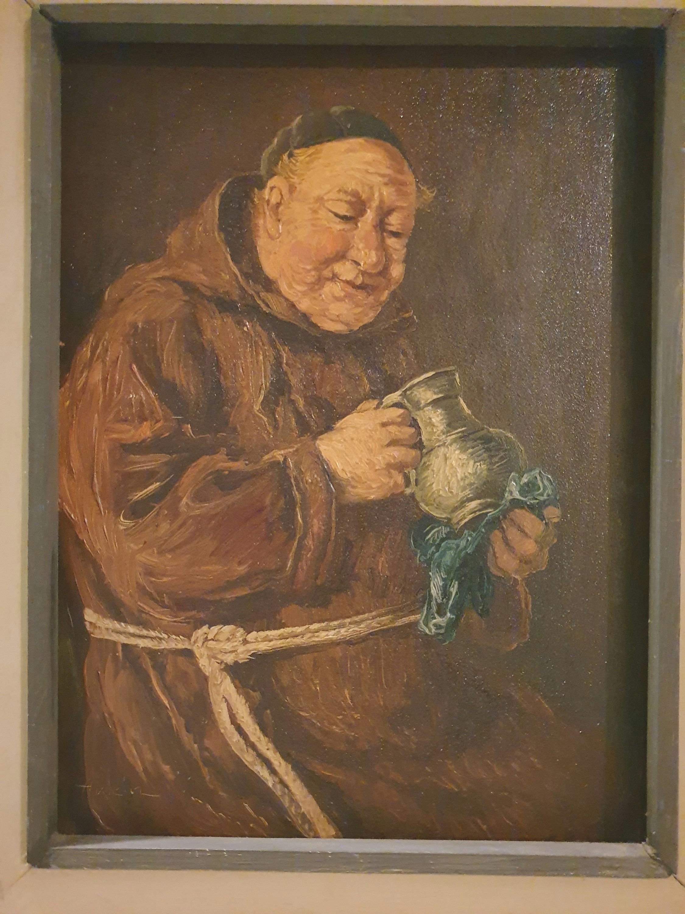 Vintage Oil painting "Monk" Signed by " Aloy's Wine " 55×45 cm, Antique warm colors painting, Home and wall decor 21.6×17.7 Inch Tablo