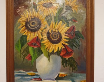 ひまわりの油絵：サイン入り、マルチカラーの花柄、陽気な、1962年