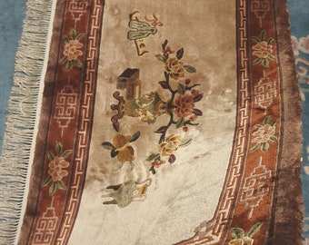 Chinese Hand Knotted Silk Tapestry Rug 28x48 in | Vintage Pictorial Wall Hanging | Pure Silk on Silk Oriental Art Carpet Livingroom Bedroom