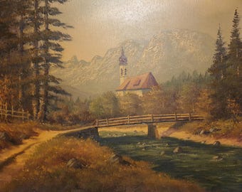 Framed Village Church Oil Painting: Signed Landscape Art (19.2x23.2 in)