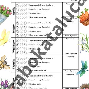 Spring Themed Behavior Sheet / Kids Behavior Chart / Track your behavior progress / Kids Behavior Development