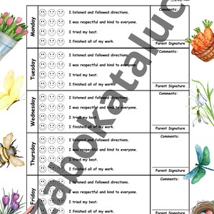 Spring Themed Behavior Sheet / Kids Behavior Chart / Track your behavior progress / Kids Behavior Development