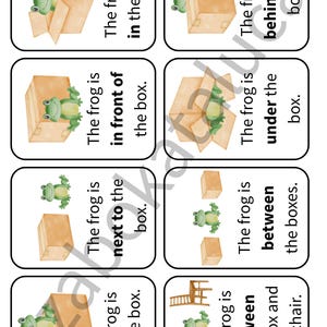 Puede incluir: Tarjetas ilustradas con una rana verde y una caja marrón, que demuestran preposiciones. Las tarjetas muestran la rana en, detrás, debajo, delante, al lado, sobre y entre la caja o cajas.