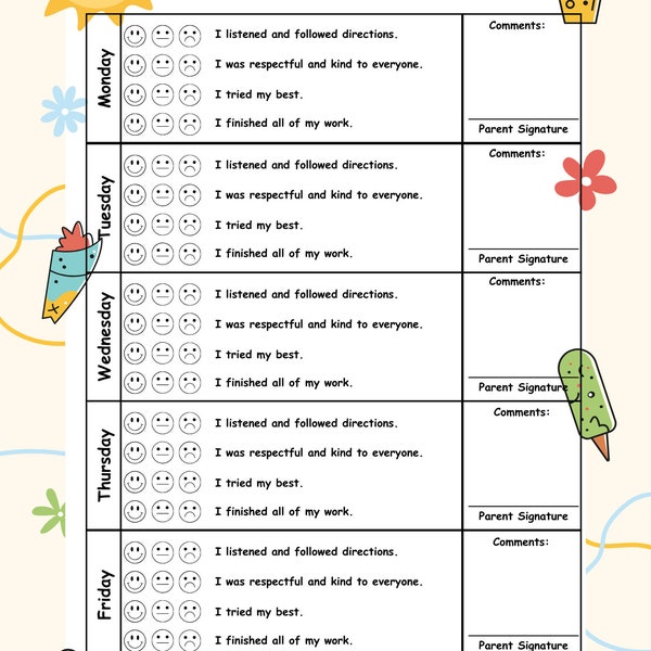 Behavior Sheet / Kids Behavior Chart / Track your behavior progress / Kids Behavior Development