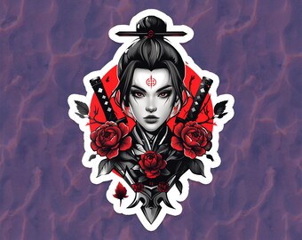 Puede incluir: Una ilustración digital de una mujer con cabello negro y rosas rojas. Lleva un atuendo tradicional japonés y sostiene dos espadas. El fondo es un círculo rojo con un contorno blanco.