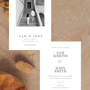 May include: Two wedding invitation cards with a neutral background. One card features a black and white photo of a couple on stairs. The other card has the names Sam Simons & John Smith.