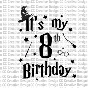 May include: Black and white silhouette of a witch with a pointed hat, broom, and a pair of glasses. The witch is standing in front of a background of repeating text.