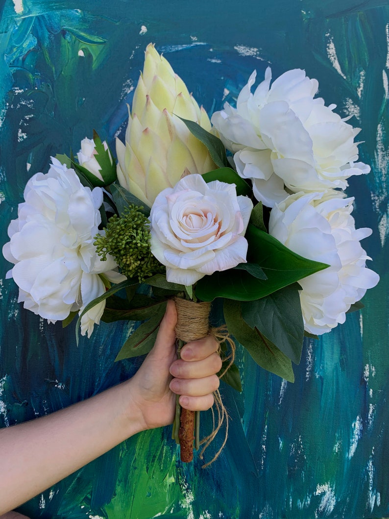 Protea and Peonies Bouquet, Ivory White & Greenery Wedding Bouquet, Bridal Bouquets, protea, Boho Wedding Bouquet, Roses, Faux flowers image 1