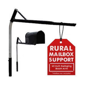 May include: A black metal mailbox support with a 40 inch swinging boom arm. The sign reads "Rural Mailbox Support 40 Inch Swinging Boom Arm *Mailbox not included*"