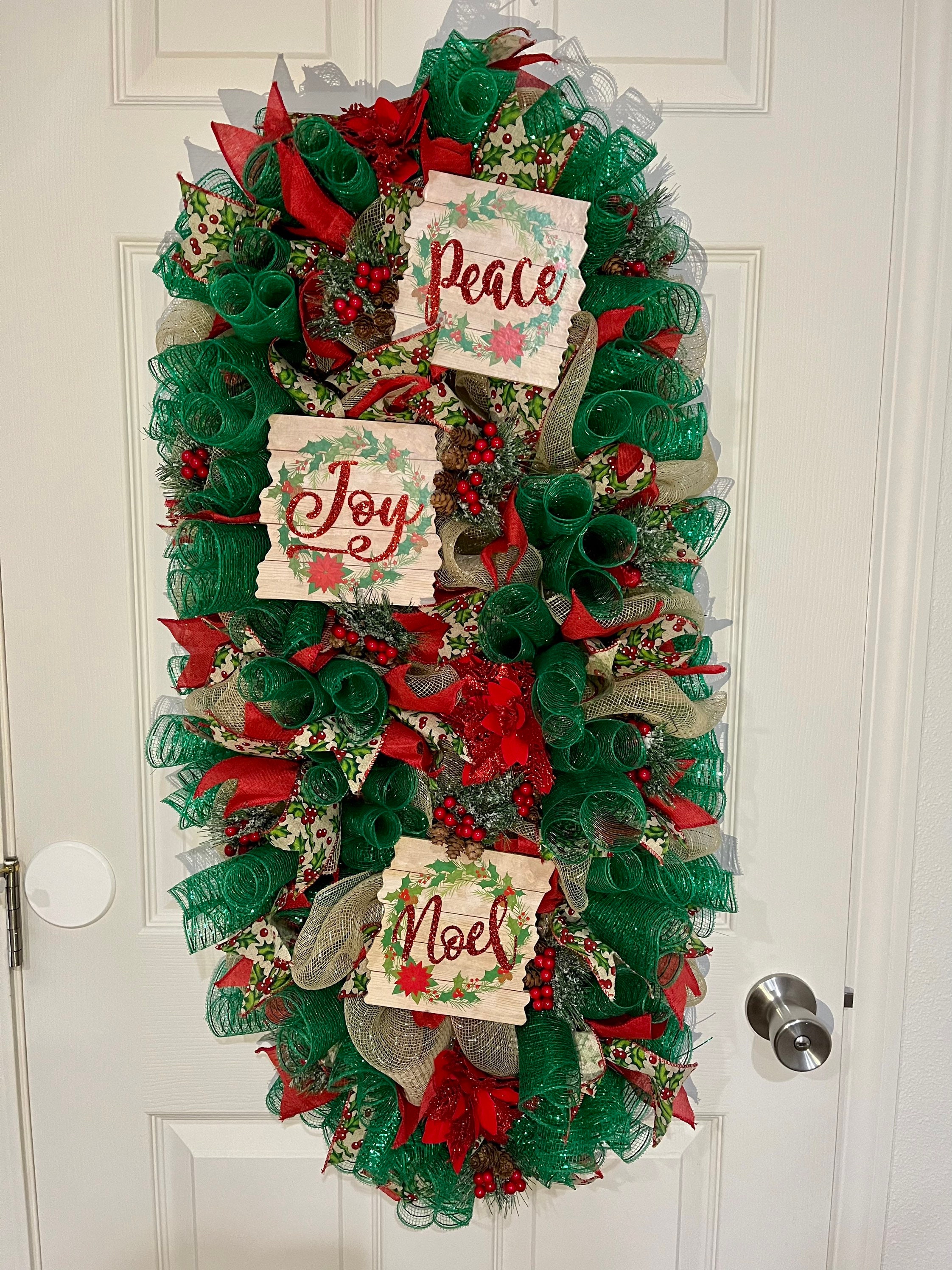 Handmade Peace Joy Noel Christmas Swag Wreath, Festive Green and