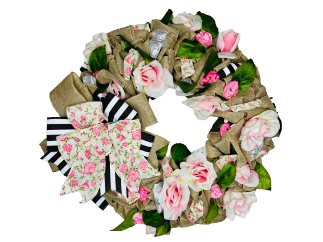 Handmade Burlap Floral Wreath With Pink Roses and Striped Bow, Elegant ...