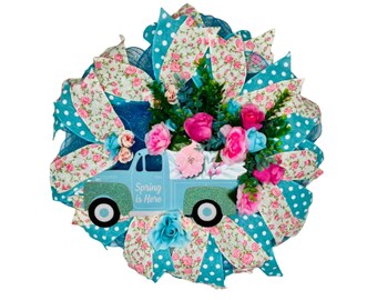 Spring Floral Wreath with ‘Spring is Here’ Truck Sign, Vibrant Blue and Pink Flowers, Handmade Spring Door Decor, 25 Inch Spring Wreath