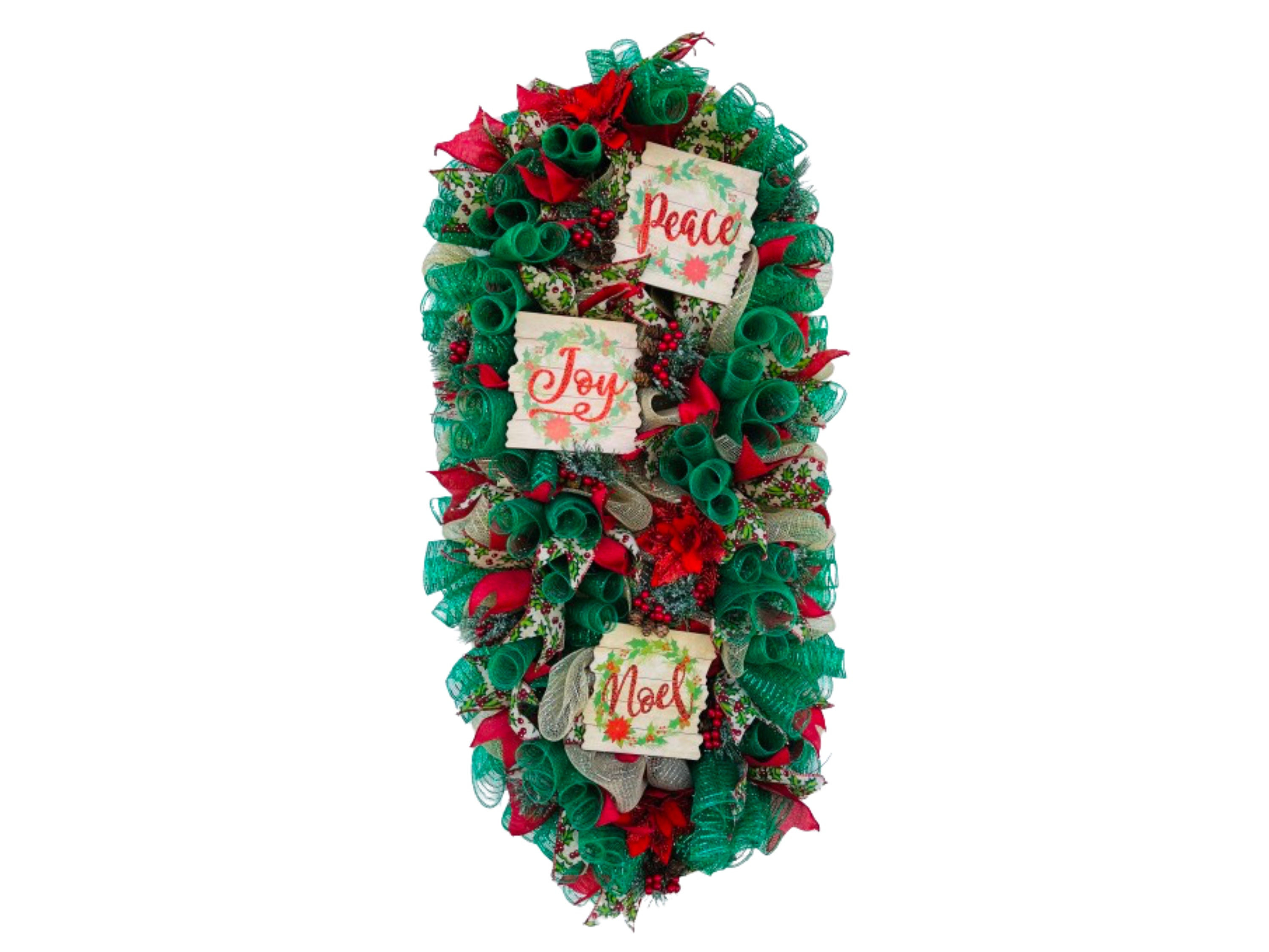 Handmade Peace Joy Noel Christmas Swag Wreath, Festive Green and