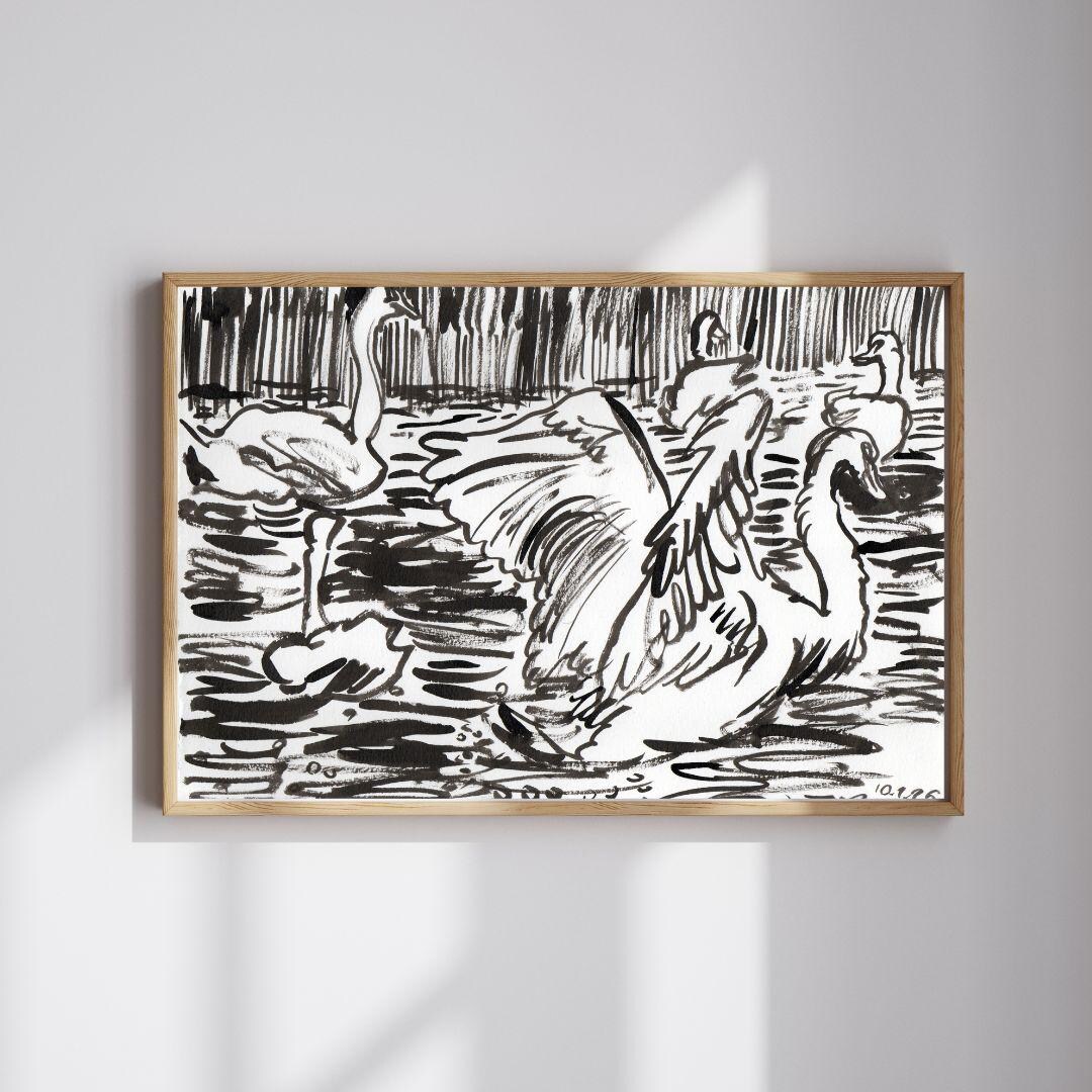 Swan Ink Drawing Hand-drawn Swan Ink Illustration – Fine Art Nature Print (digital ...