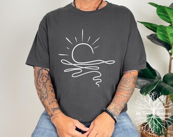 Minimal Sun and Waves Graphic T-shirt: Comfort Colors Short Sleeve Beach Tee