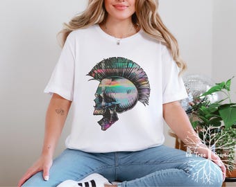 Retro Punk Mohawk Skull Tee: Bella + Canvas 3001  Graphic T-Shirt