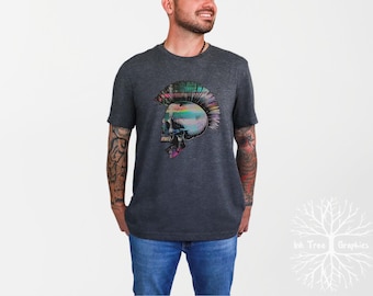 Retro Glitch Punk Mohawk Skull Tee: Bella + Canvas 3001  Graphic T-Shirt
