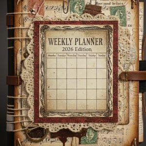 May include: A vintage-style weekly planner for 2026, featuring a decorative cover with a red border and lace trim. The planner includes a calendar grid, decorative stamps, and musical notes. The cover reads "WEEKLY PLANNER 2026 Edition."