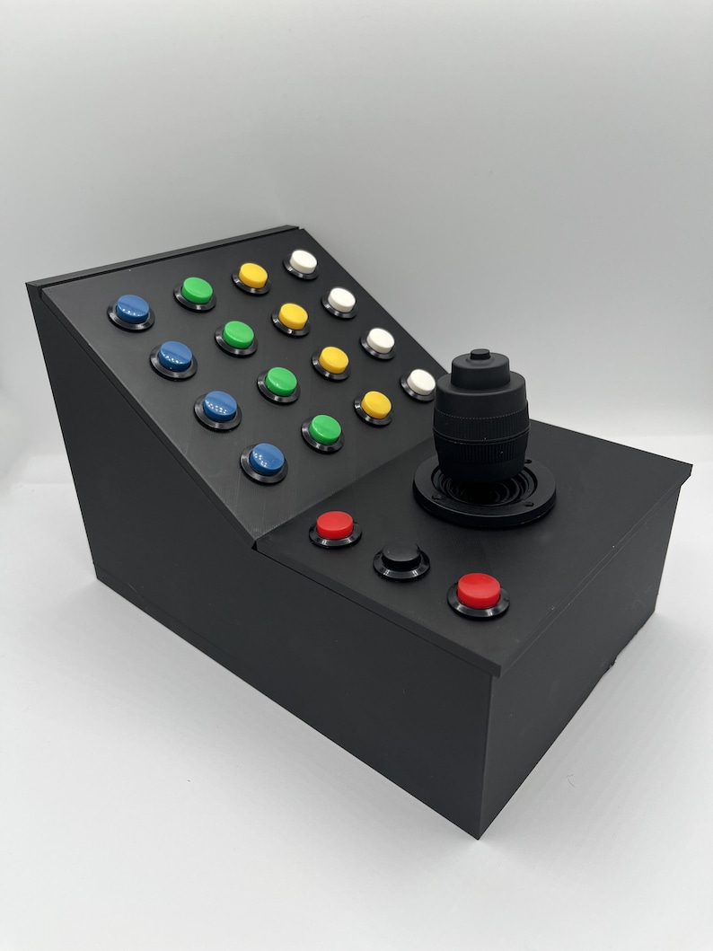 Farming Simulator USB button box featuring a black finish with multicolored push buttons and a joystick designed for immersive PC gaming.