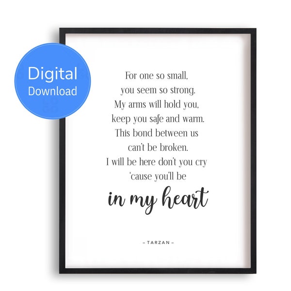 In my Heart, Tarzan Song Lyrics, Movie Quote, Printable Wall Art, Nursery Decor, Kids Room Print, Minimal Black and White, Download