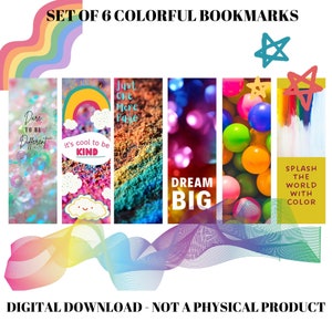 Set of 6 Colorful Bookmarks, Kid Friendly Bookmarks, Digital Bookmarks to Download, Children&#39;s Bookmarks