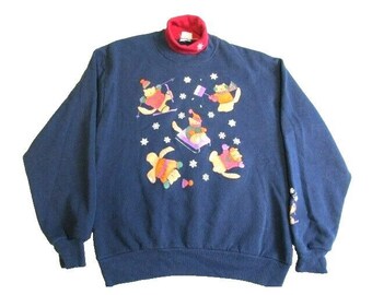 Vintage Kittens Sweatshirt Womens Large Skating Cats Grandmacore Sweater Ladies