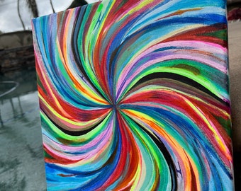 Può includere: Dipinto astratto su tela con un motivo a spirale di linee colorate in tonalità di blu, verde, rosso, giallo, rosa e nero.