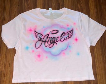 Airbrushed Cropped Angel Tee: Artist-Made Heavenly Clouds & Stars