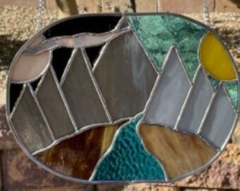 Stained Glass Night and Day Mountains - Oval