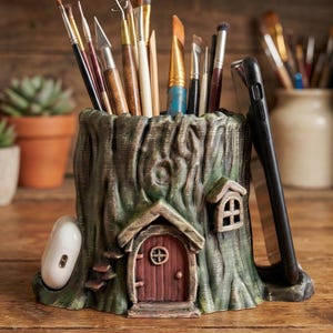 Fairy House Desk Organizer - Hand Painted Mossy Tree Stump Office Caddy