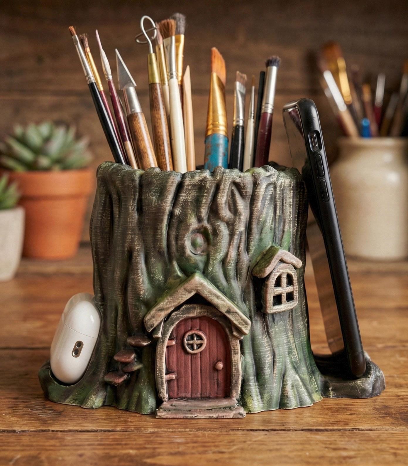 Fairy House Desk Organizer - Hand Painted Mossy Tree Stump Office