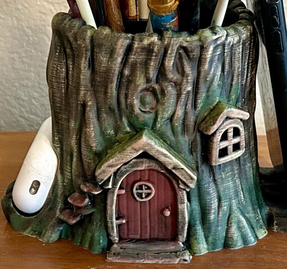 Fairy House Desk Organizer - Hand Painted Mossy Tree Stump Office
